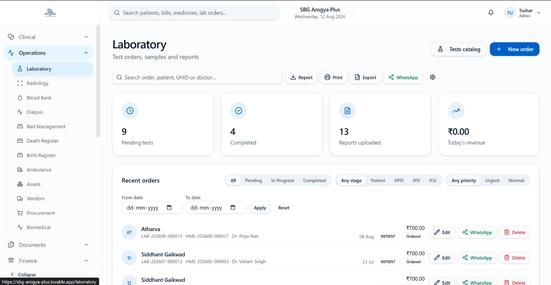 Hospital Operations — hospital management software module screenshot