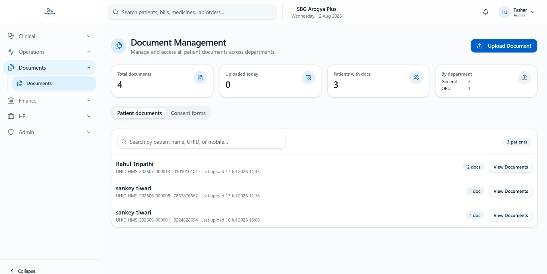 Document Management — hospital management software module screenshot