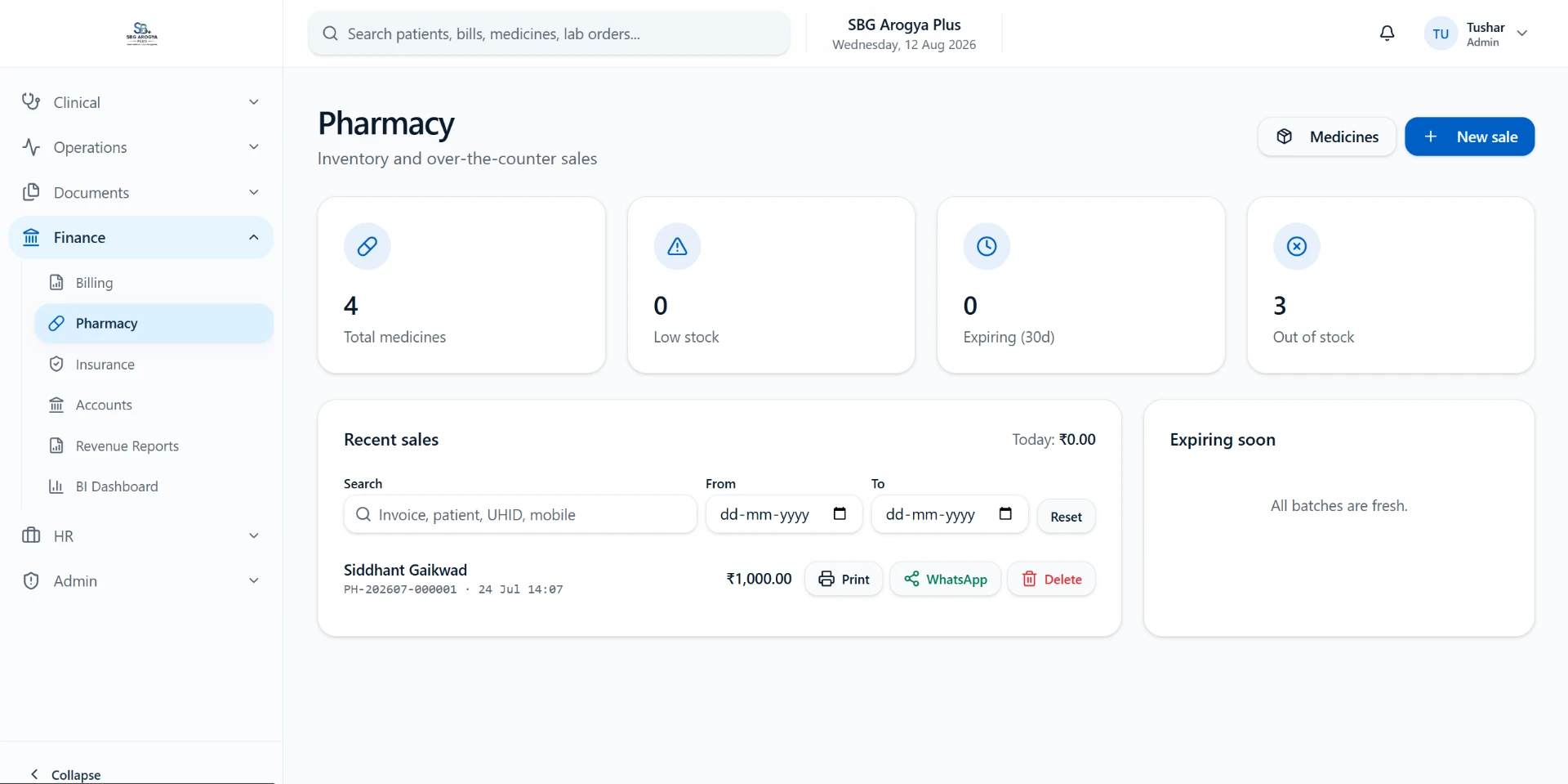 Finance & Revenue — hospital management software module screenshot