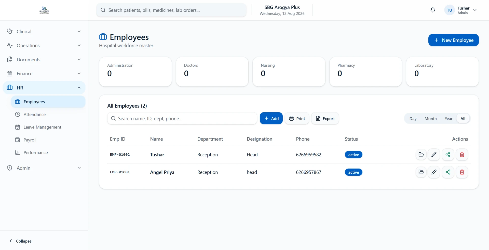 Human Resources & Administration — hospital management software module screenshot